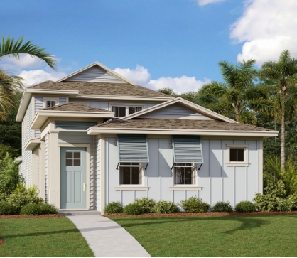 An illustrative rendering of a two-story home in Sunbridge community, St. Cloud, Florida, with a light blue door.