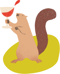 An illustration of a squirrel holding up a glass of wine with a little bit of wine spilling out of the glass