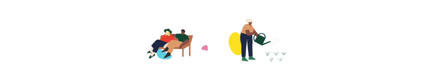 Illustrations of a couple sitting on a park bench and of a woman using a watering can to water 5 green plants
