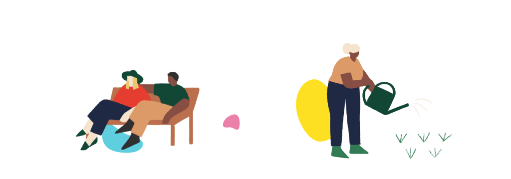 Illustrations of a couple sitting on a park bench and of a woman using a watering can to water 5 green plants