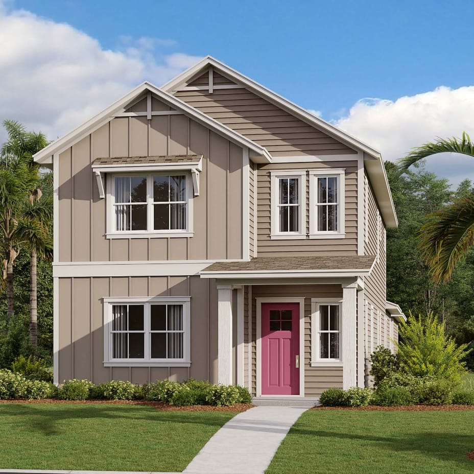 An illustrative rendering of a two-story home in Sunbridge community, St. Cloud, Florida, with a pink door.