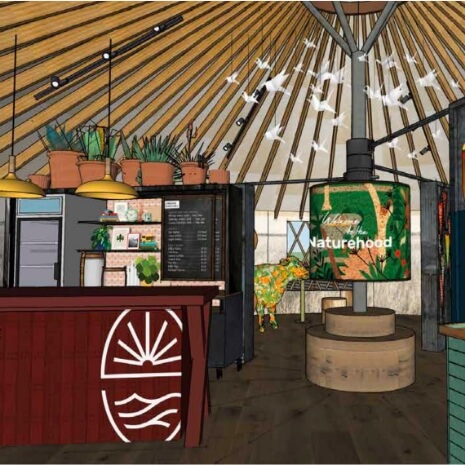 An illustrative rendering of the front desk in the Info Yurt at Basecamp in Sunbridge community, St. Cloud, Florida in Metro Orlando