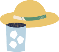 An illustration of a sunhat and an iced drink in a glass