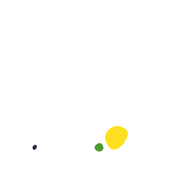 Illustration of dark blue, green, and yellow blobs along with a while palm branch