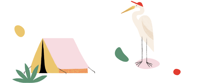 Illustration of a crane with a red hat next to a camping tent and bush