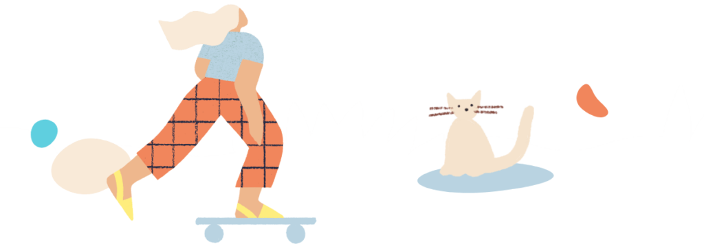 Illustrations of a woman riding a skateboard and of a white cat