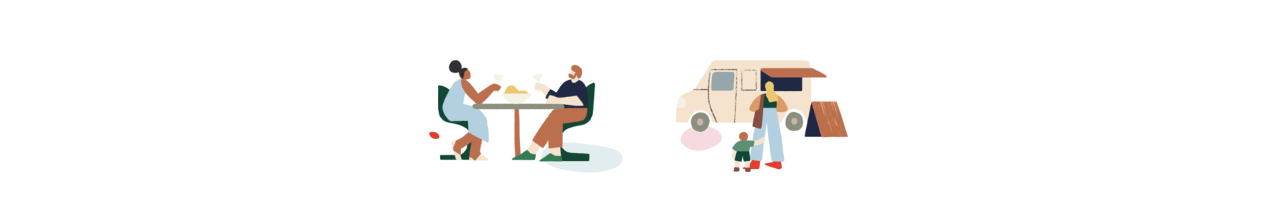Illustrations of a couple eating dinner and of a woman and her son walking towards their camper van.