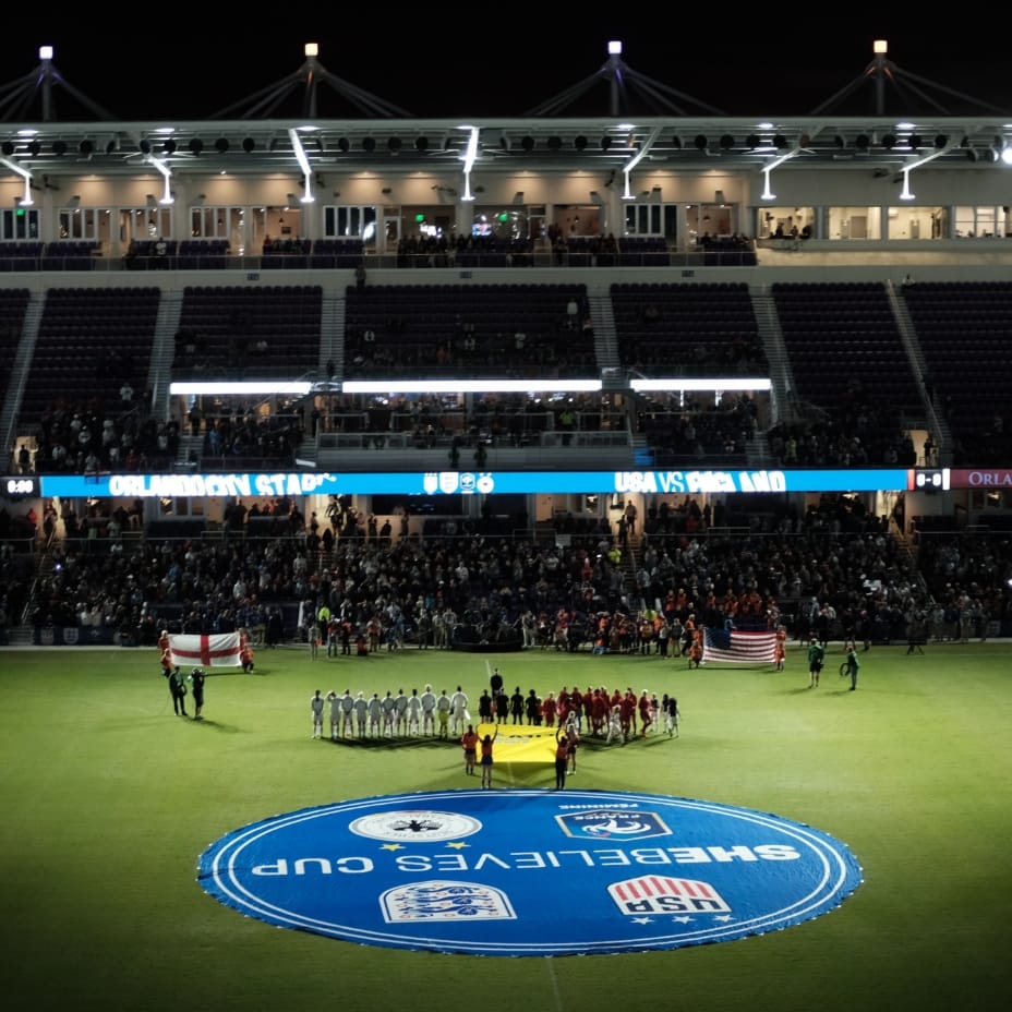 An image of the opening ceremonies at a soccer game at Exploria Stadium
