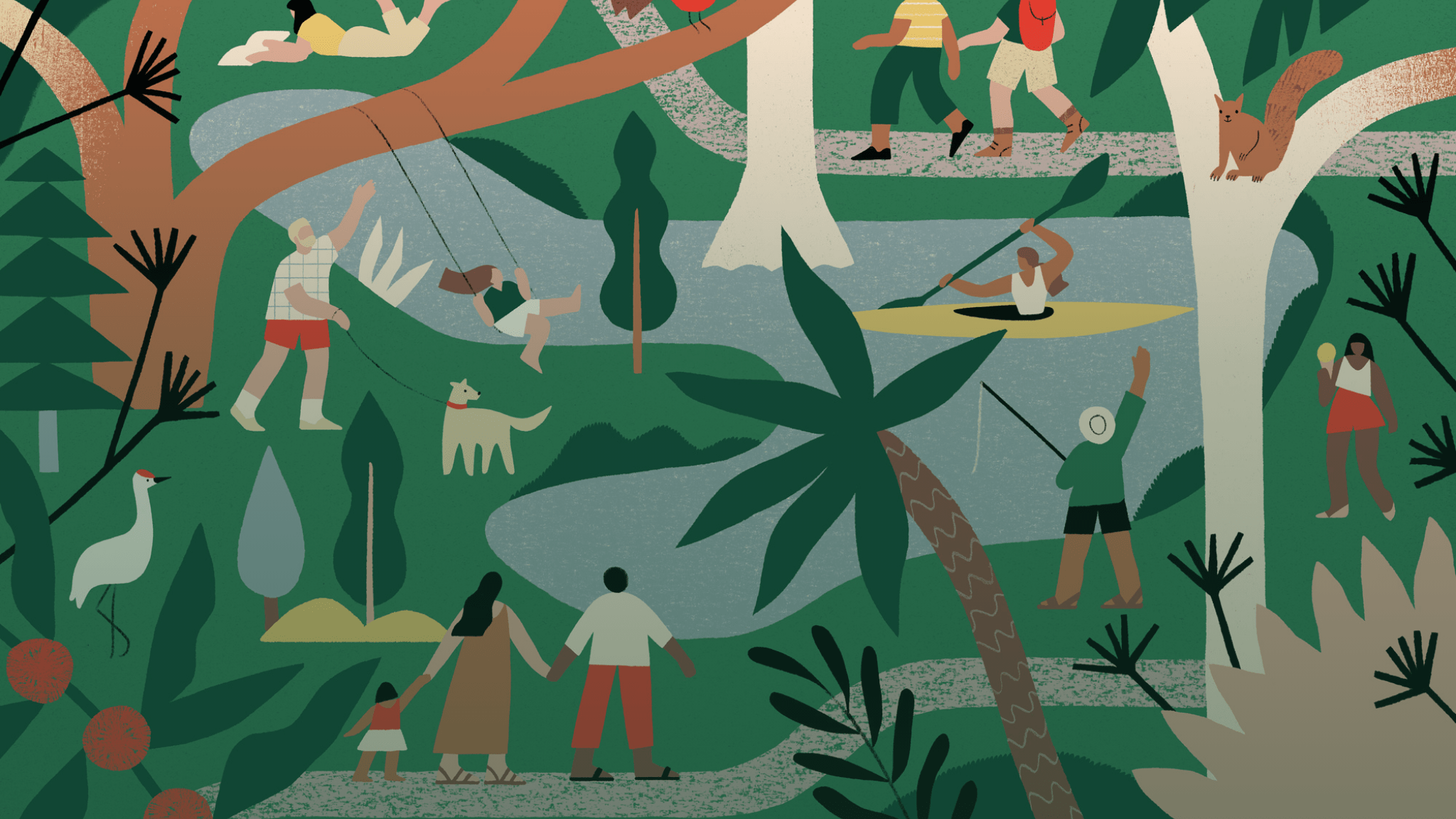 An illustration of a scene depicting people interacting with nature