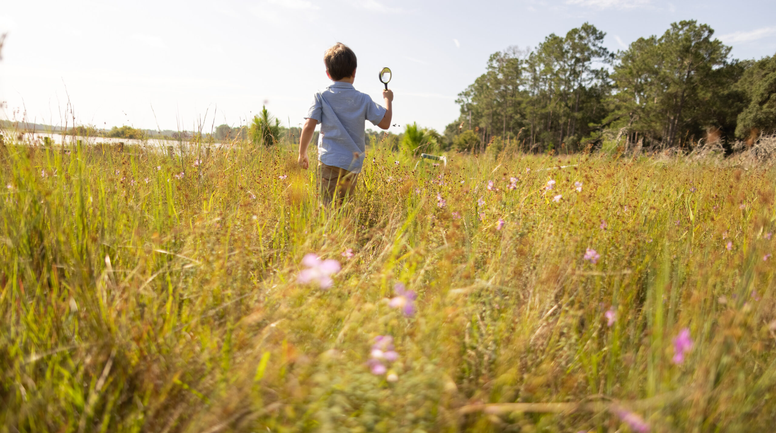 boy walking through fish camp, field of wildflowers with magnifying glass
