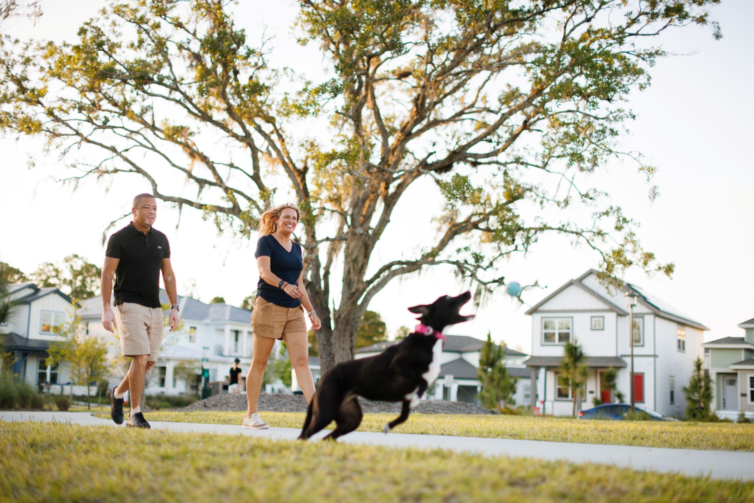 residents playing outside with dog