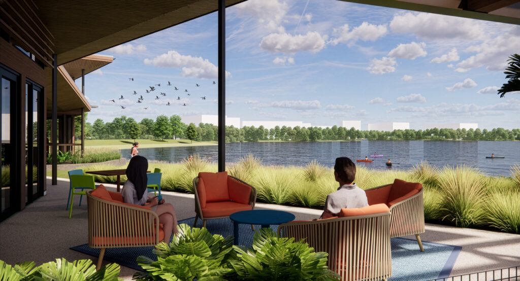 rendering of amenity center with lake view