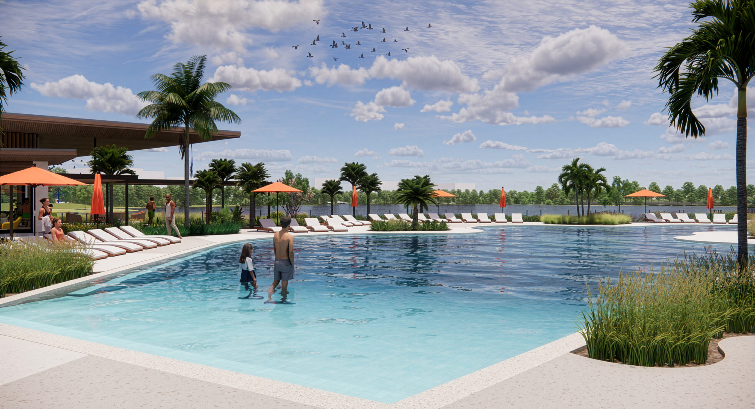 rendering of amenity center with pool